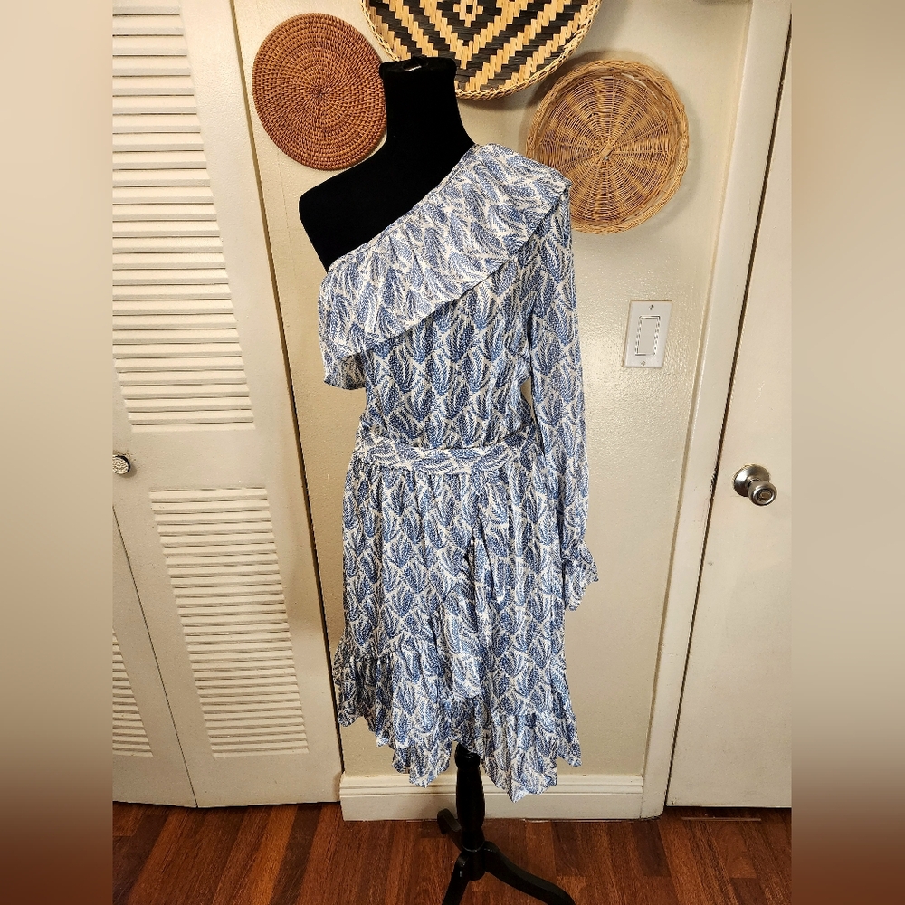 LAST ONE! White and Blue One Sleeve Ruffle Mini Dress With Wrap - Picture 6 of 13